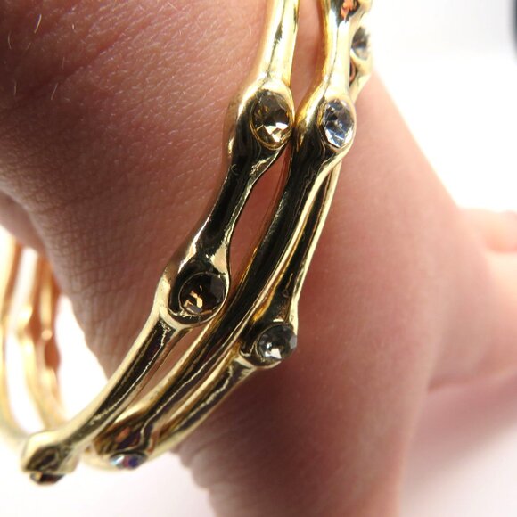 Set 3 Bracelets Bangle Stack Gold Tone Clear Yellow Rhinestone Dainty Elegant - Picture 5 of 12